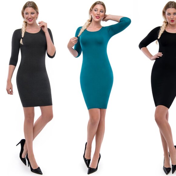 NWT Classic Slim Fit 3/4 Sleeve Dress Charcoal Medium - Picture 2 of 7